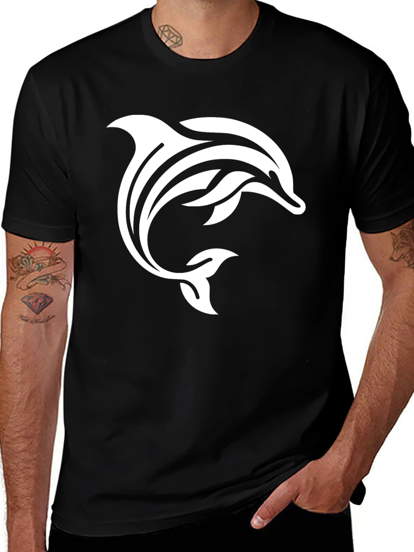 Black T-Shirt with White Dolphin Design