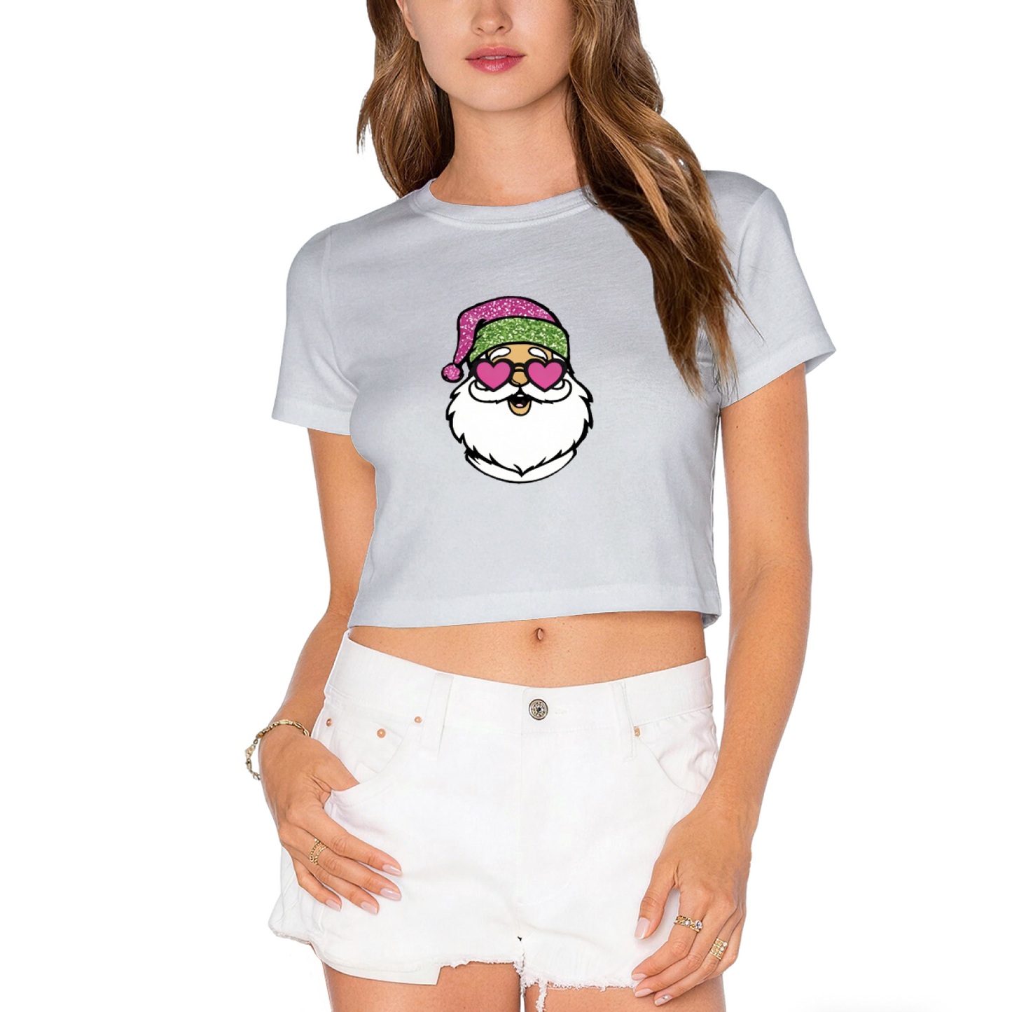 Cool Heart Sunglasses Santa Claus Christmas Crop Tee