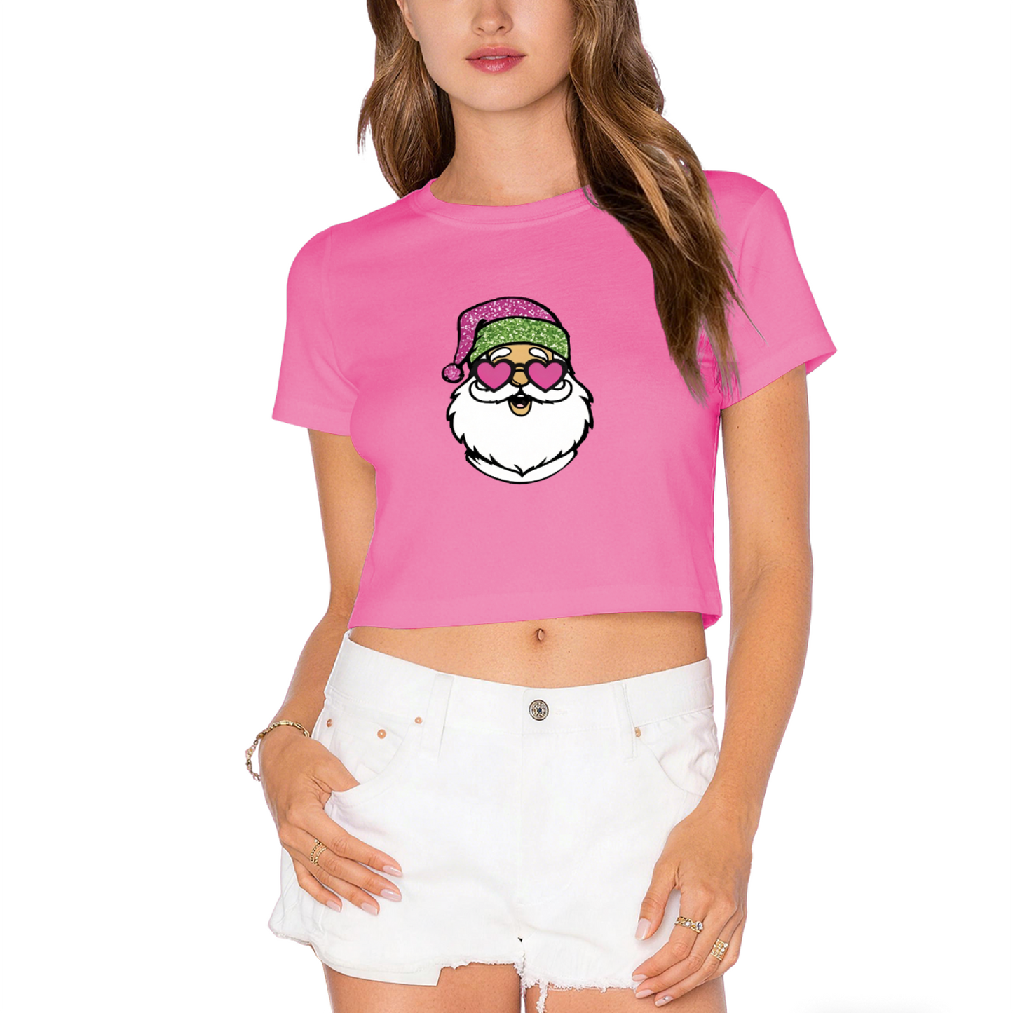 Cool Heart Sunglasses Santa Claus Christmas Crop Tee