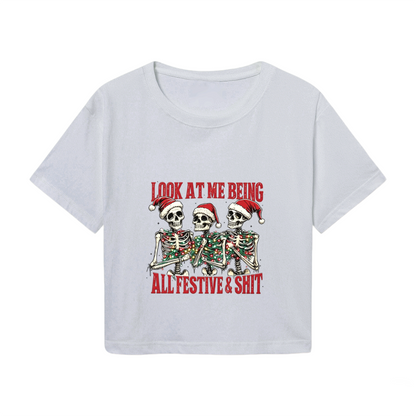 Look At Me Being All Festive Skeleton Santa Crop Tee