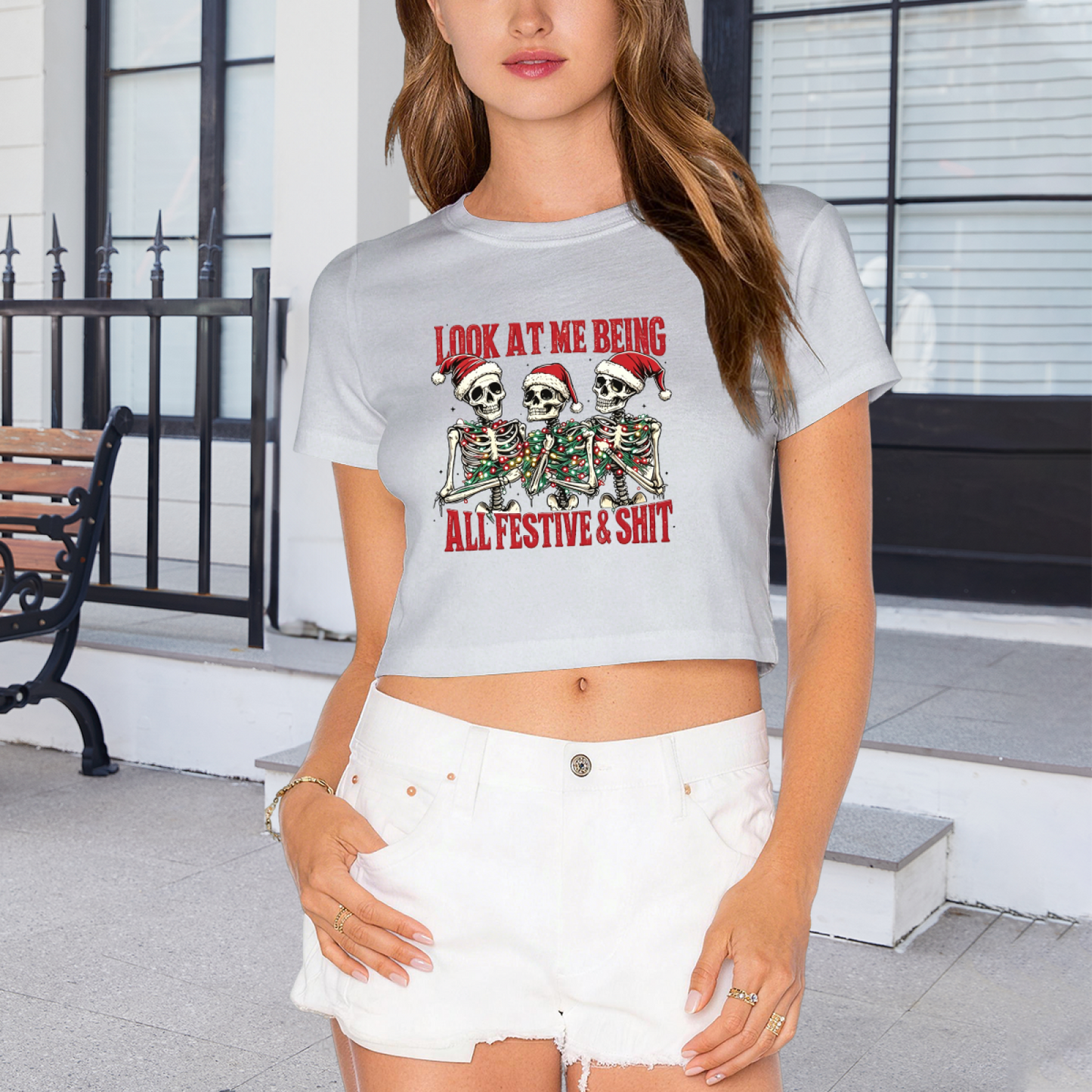 Look At Me Being All Festive Skeleton Santa Crop Tee