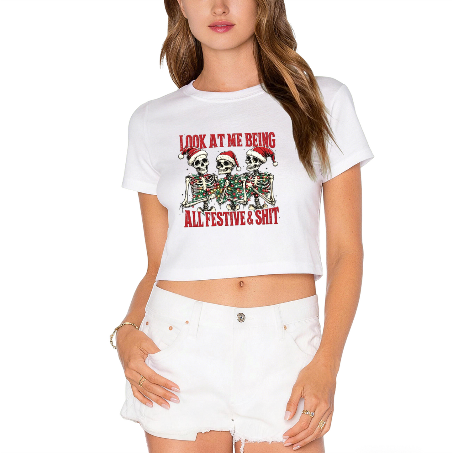 Look At Me Being All Festive Skeleton Santa Crop Tee