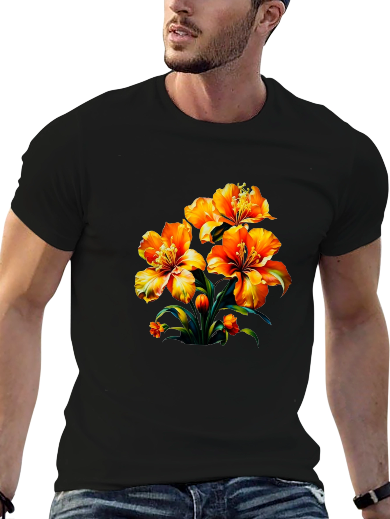 Floral Print Black Casual T-Shirt