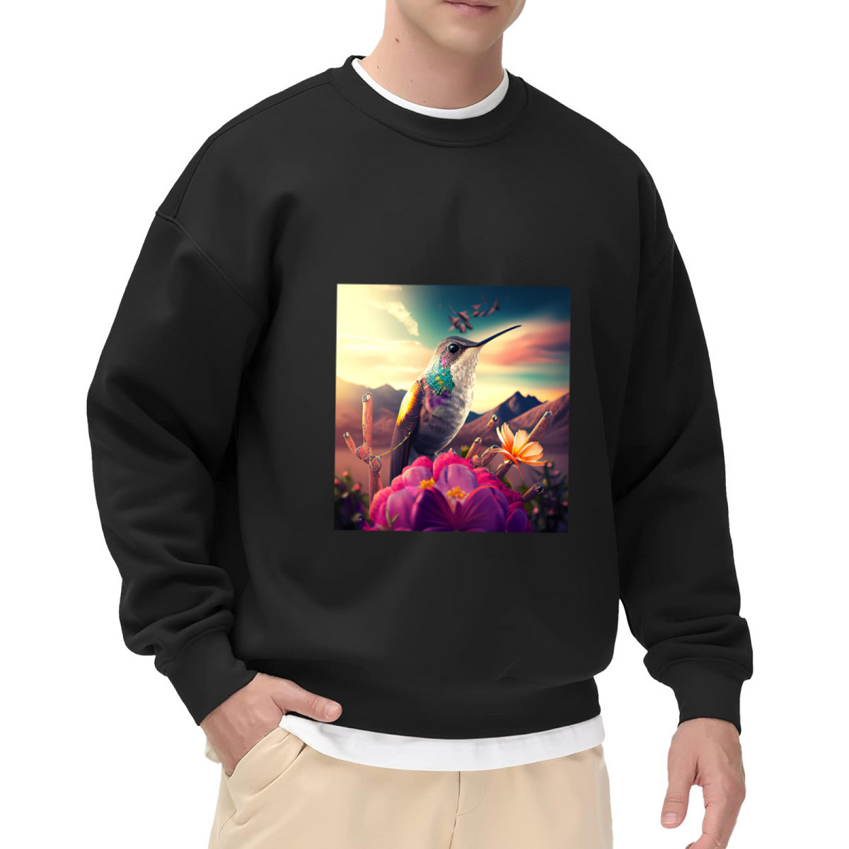 Hummingbird Sunset Photo Crewneck Sweatshirt - Nature Wildlife Photography Pullover