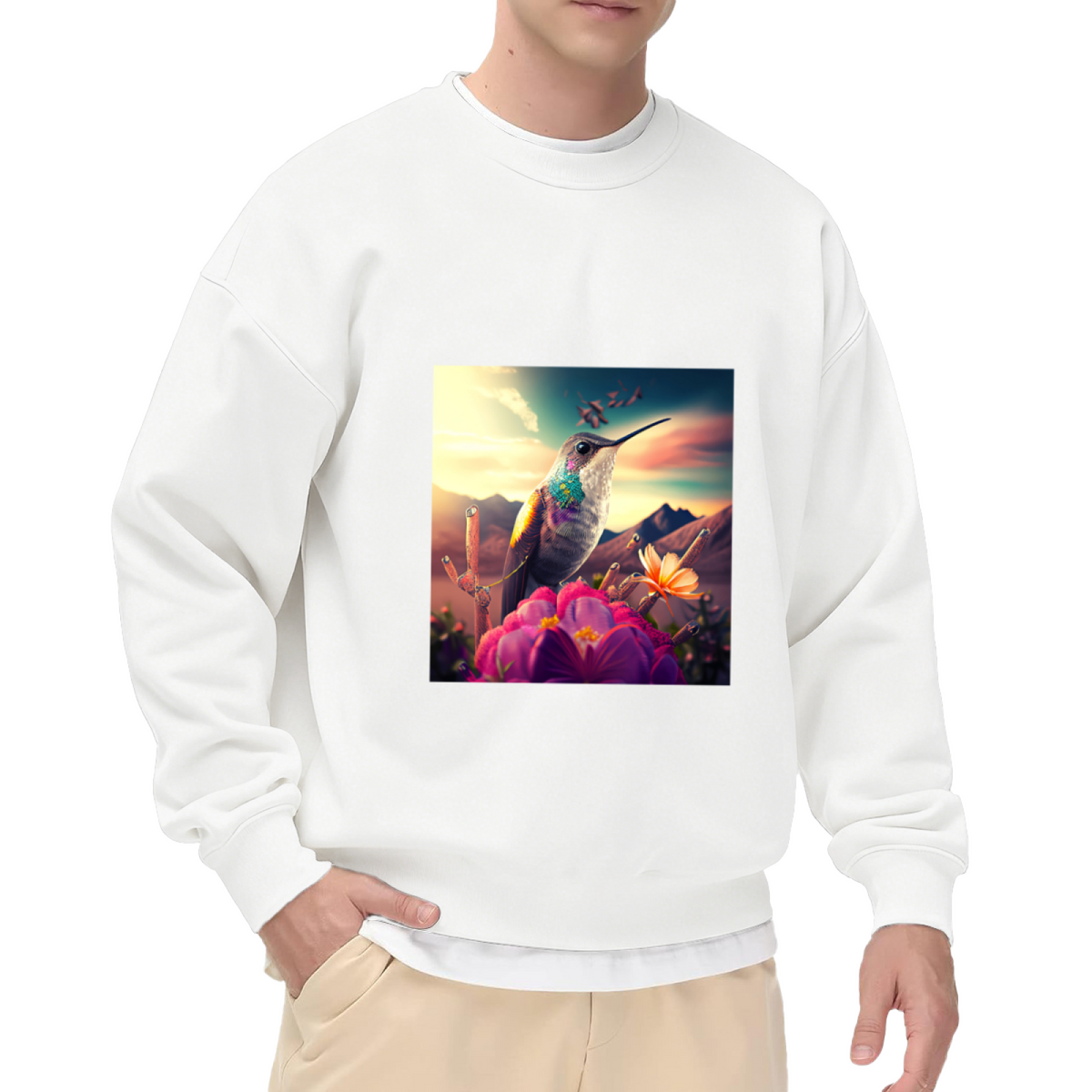 Hummingbird Sunset Photo Crewneck Sweatshirt - Nature Wildlife Photography Pullover