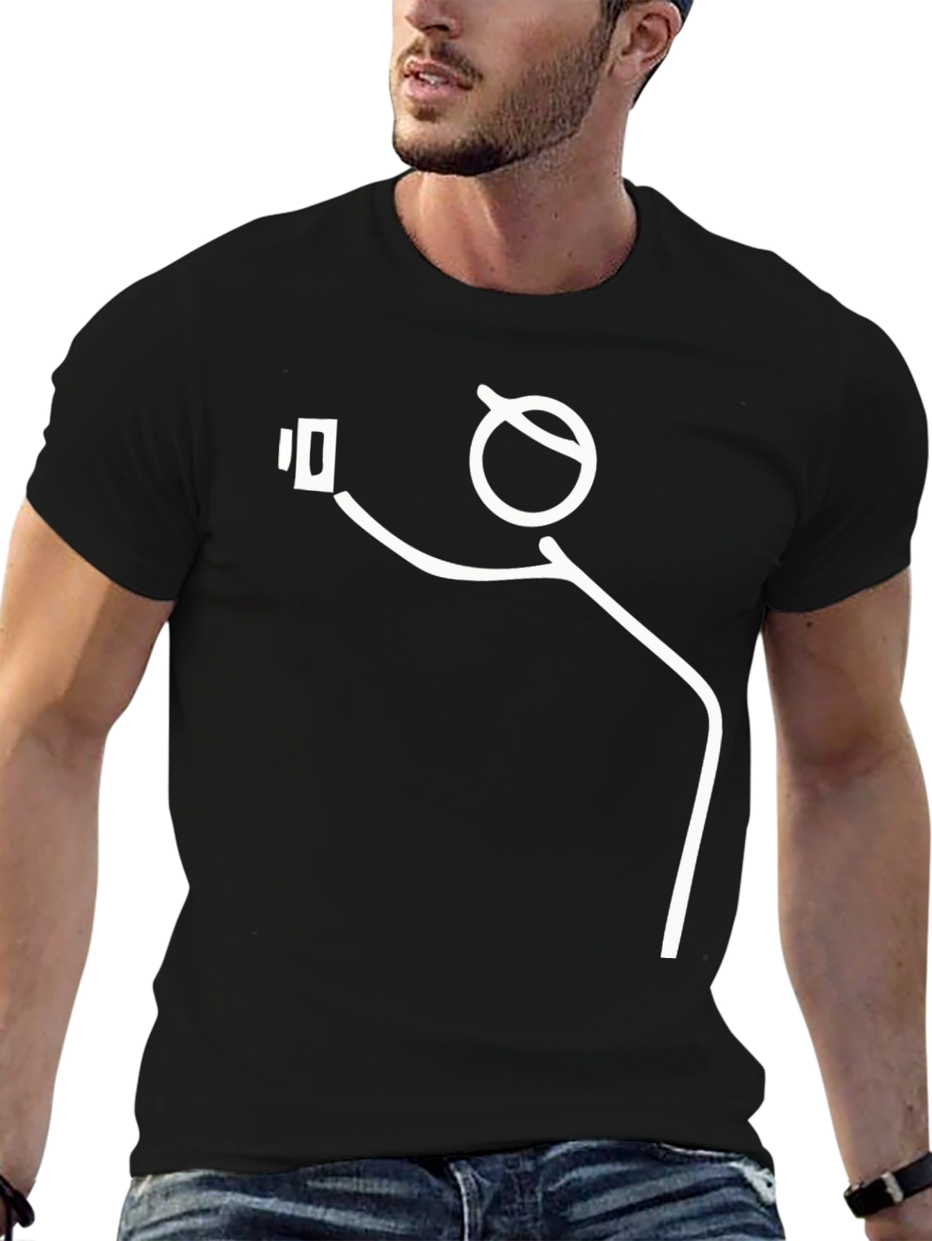 Selfie Stick Figure Graphic Tee - Black Cotton