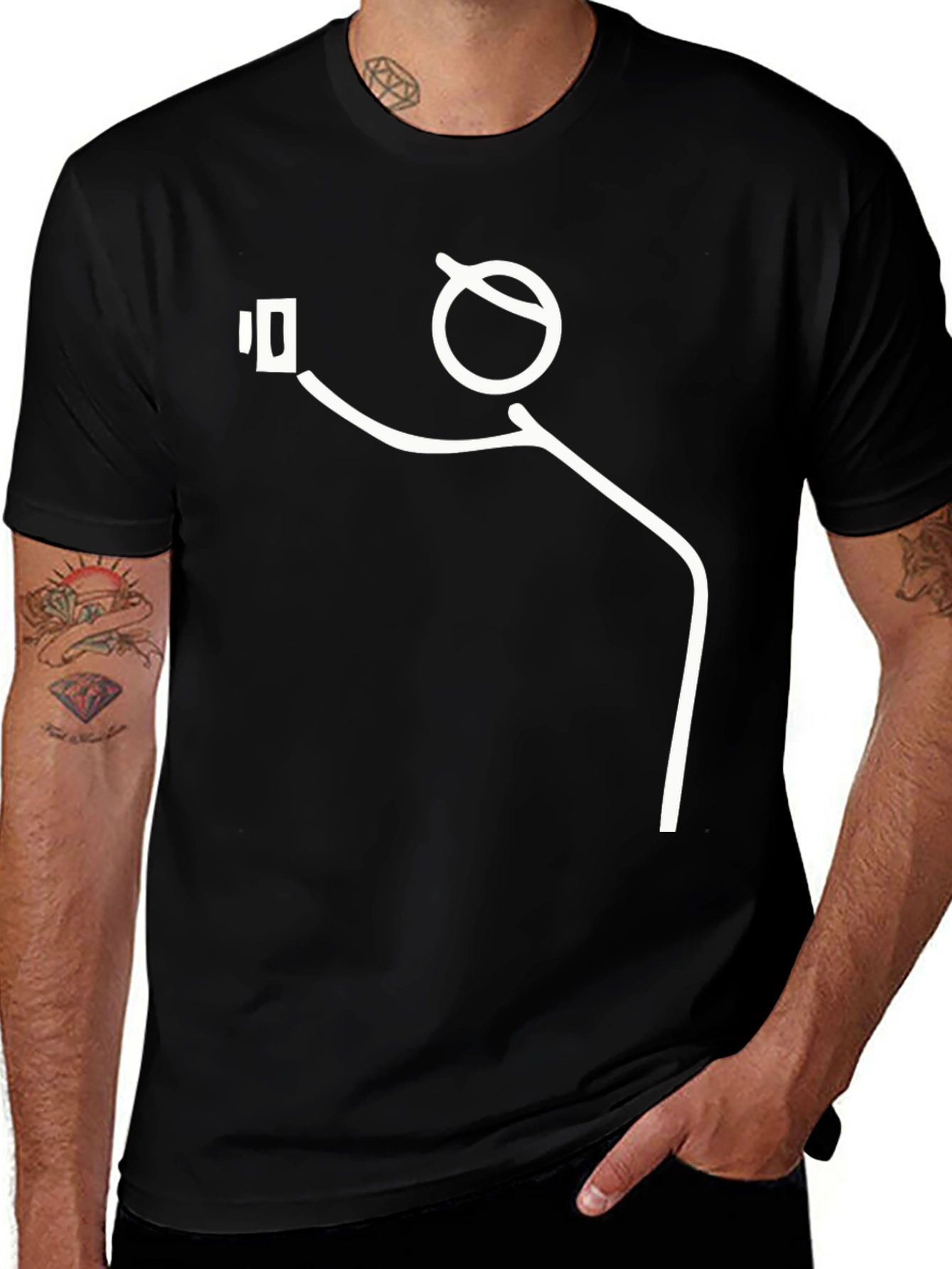 Selfie Stick Figure Graphic Tee - Black Cotton