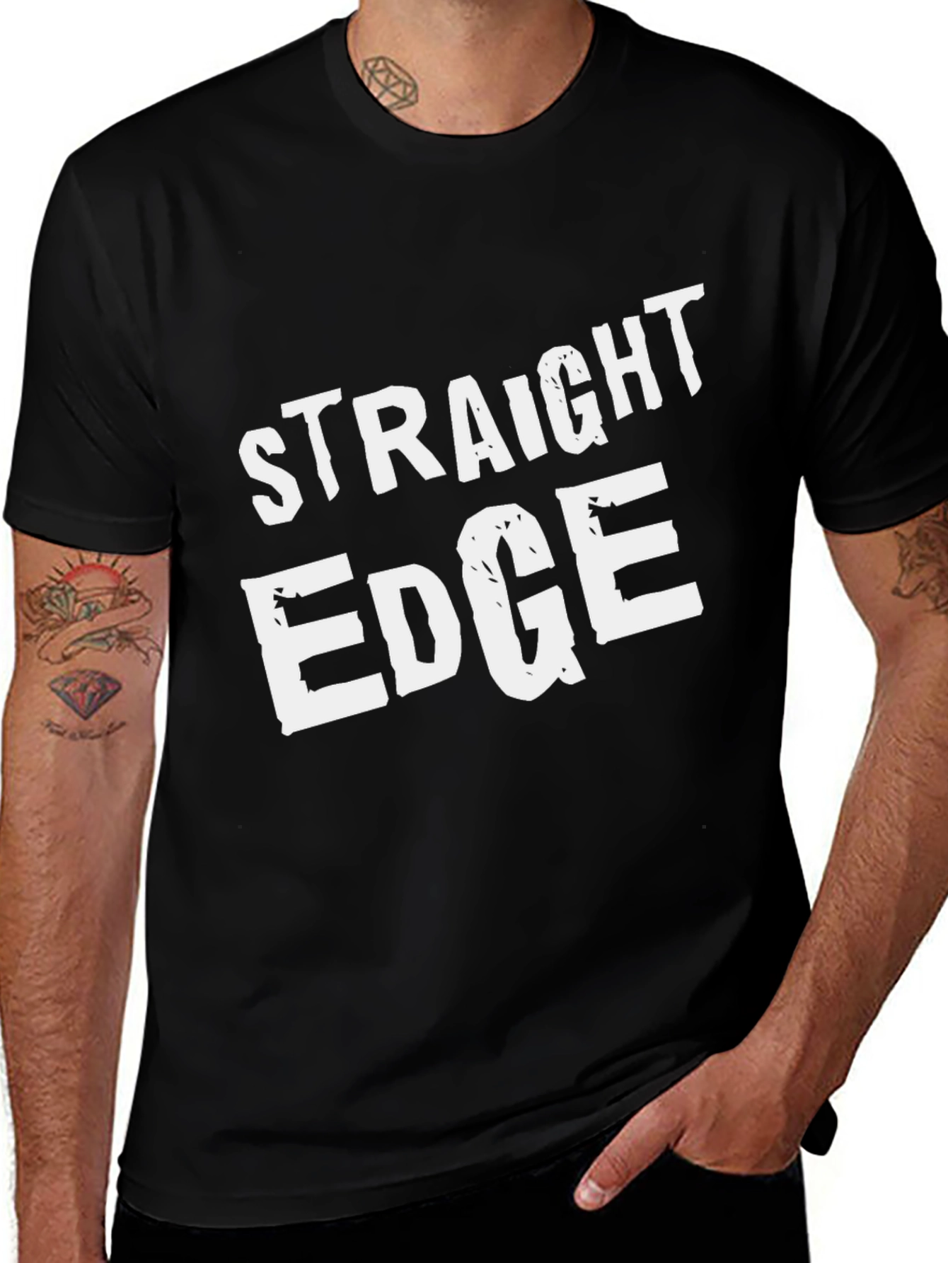 Straight Edge Black T-Shirt Crew Neck Casual