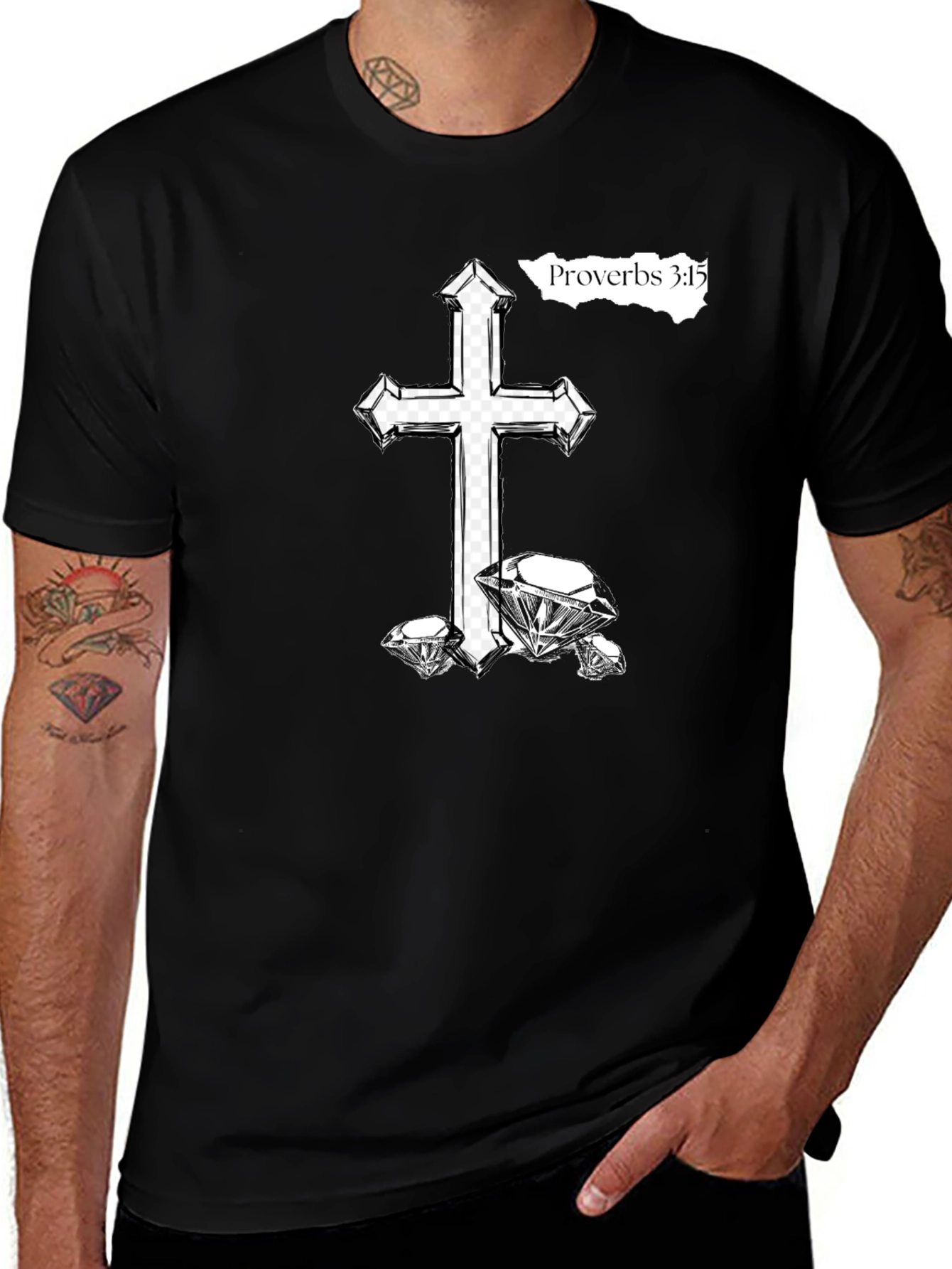 Cross & Diamonds Black T-Shirt - Proverbs 3:15
