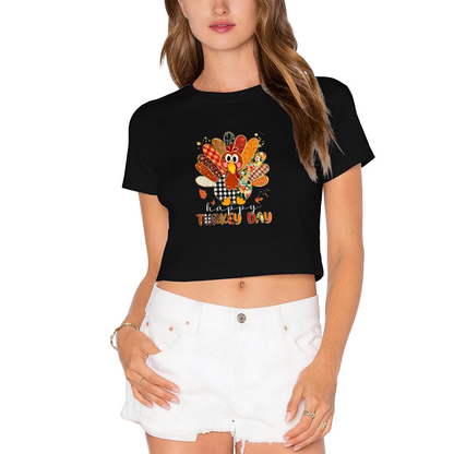 Happy Turkey Day Patchwork Style Thanksgiving Cropped Tee