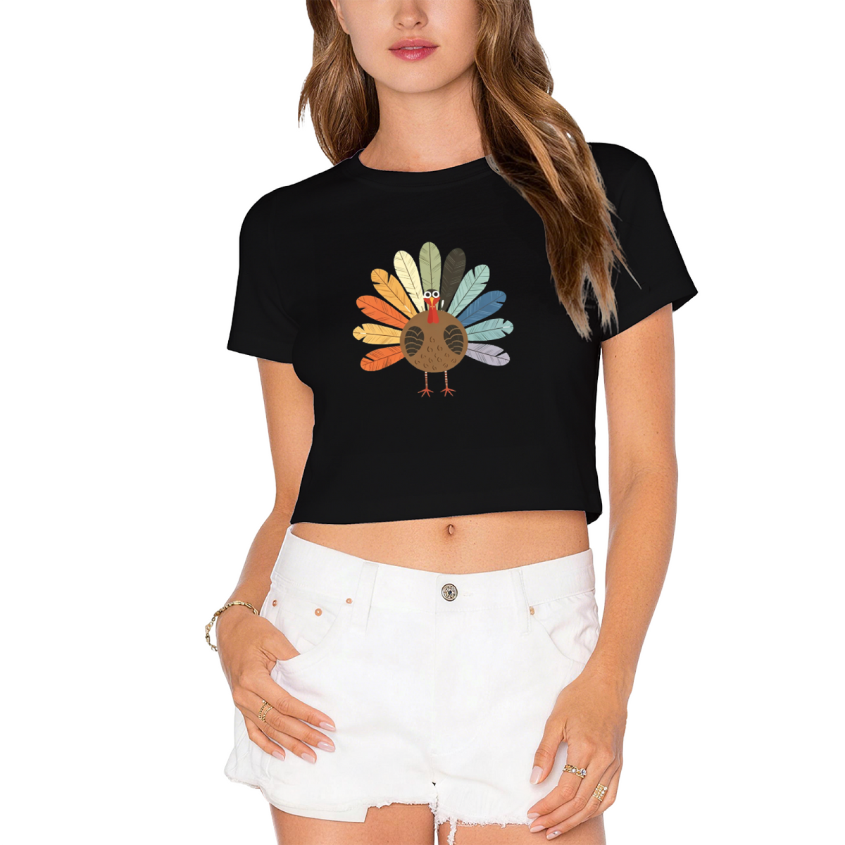 Boho Colorful Feather Turkey Minimal Thanksgiving Fall Crop Top