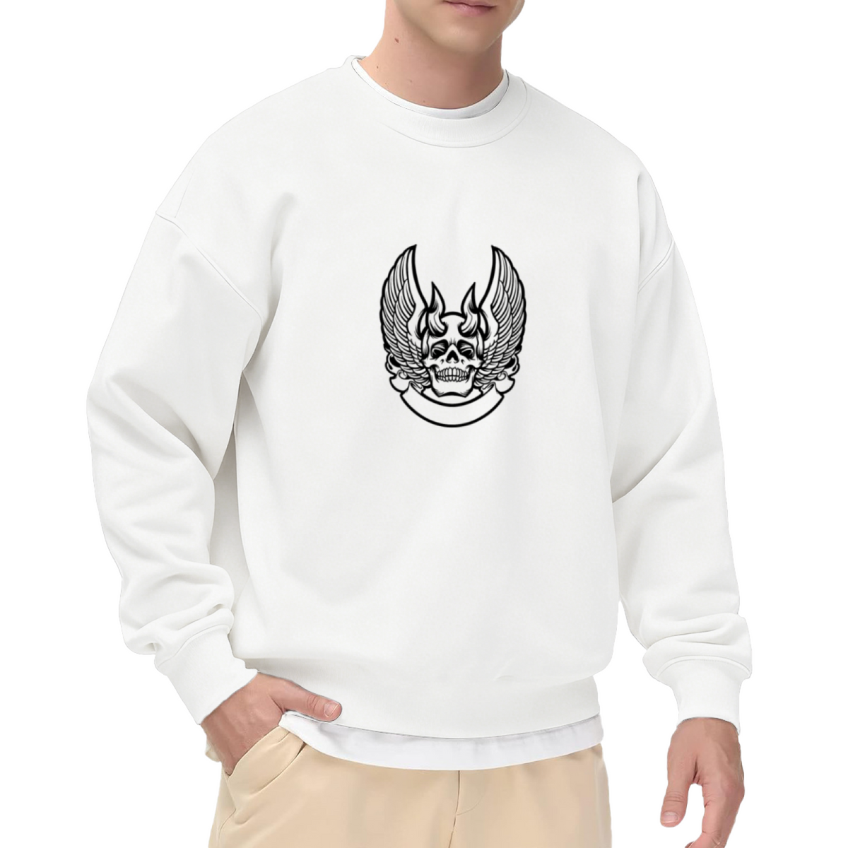 Winged Skull Banner Sweatshirt - Gothic Punk Skull Crewneck, Tattoo Art Rocker Pullover, Biker Edgy Gift Sweatshirt, Rock and Roll Top
