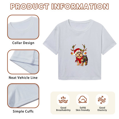 Adorable Yorkie Dog Christmas Lights Reindeer Antlers Holiday Crop Tee