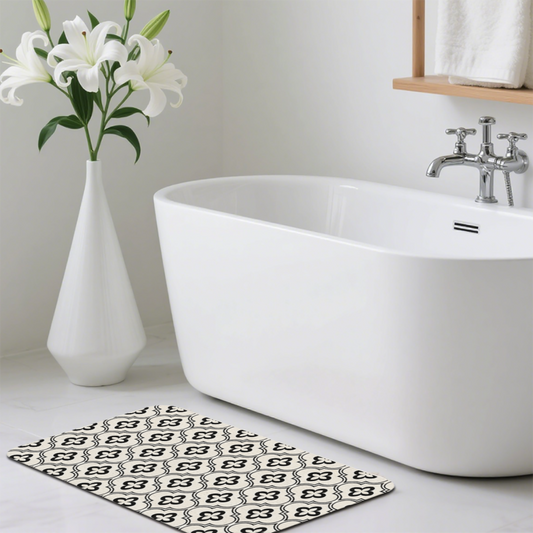 Black White Four?Leaf Clover Tile Diatomite Mat£üFrench Black White Four?Leaf Clover Pattern Tile Diatomite Mat, Retro Luxury Quick?Dry Non?Slip Bathroom Rug