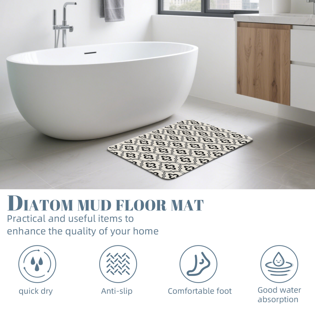 Black White Four?Leaf Clover Tile Diatomite Mat£üFrench Black White Four?Leaf Clover Pattern Tile Diatomite Mat, Retro Luxury Quick?Dry Non?Slip Bathroom Rug