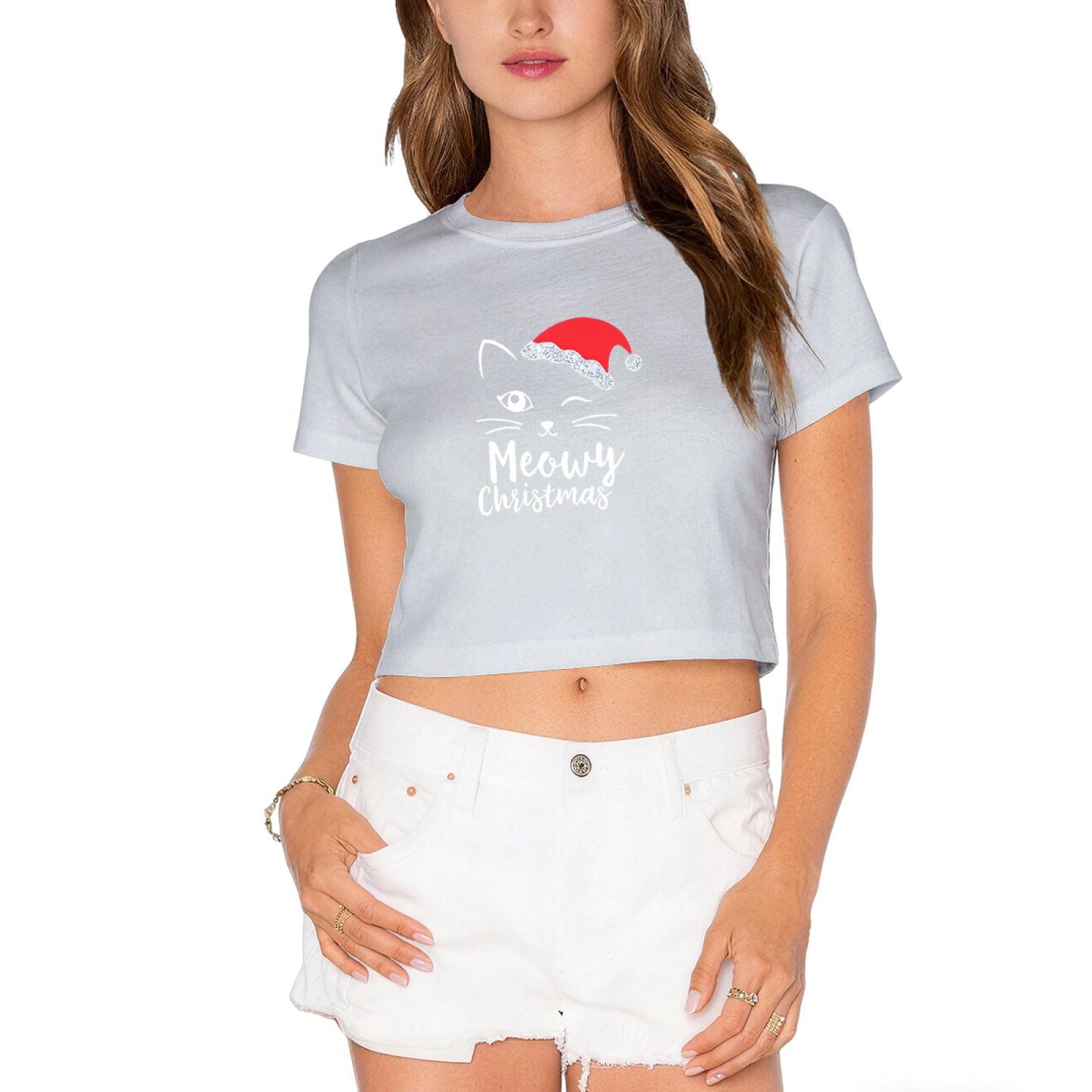Meowy Christmas Winking Cat Holiday Casual Crop Tee