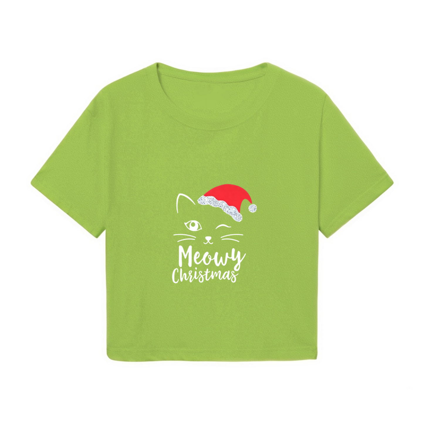 Meowy Christmas Winking Cat Holiday Casual Crop Tee