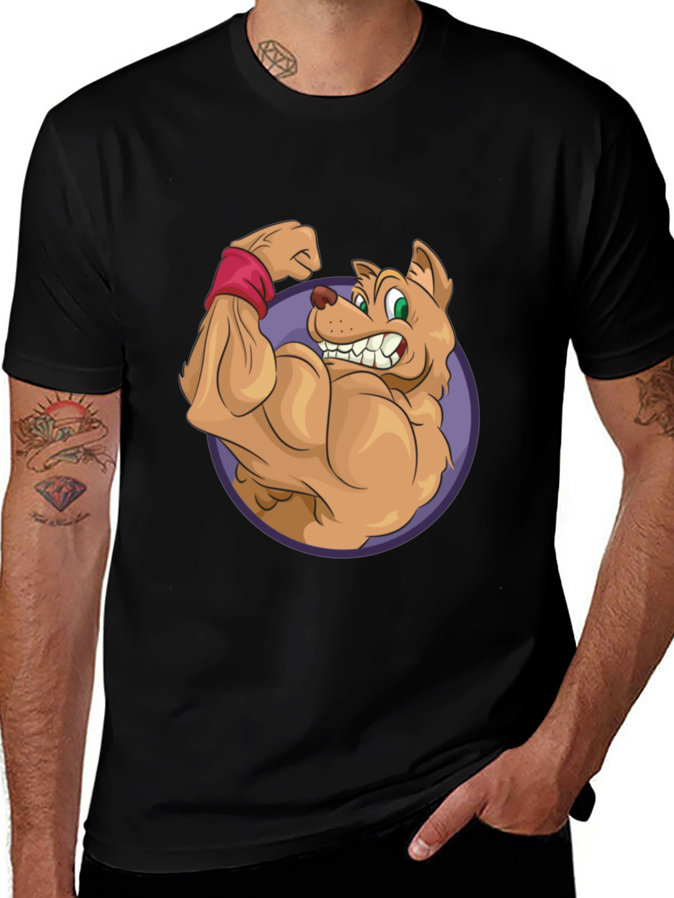 Cartoon Dog Flexing Muscles Graphic T-Shirt