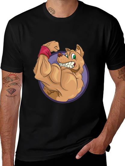 Cartoon Dog Flexing Muscles Graphic T-Shirt