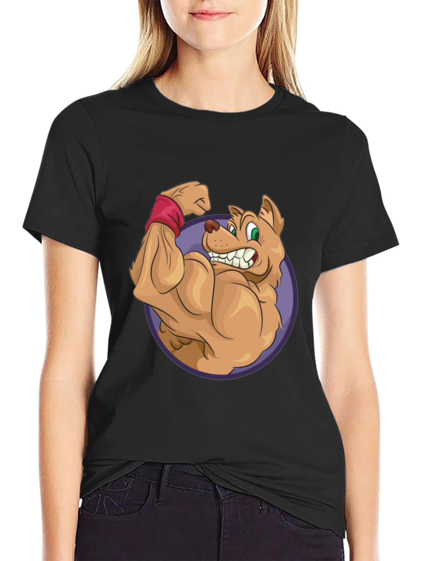 Cartoon Dog Flexing Muscles Graphic T-Shirt
