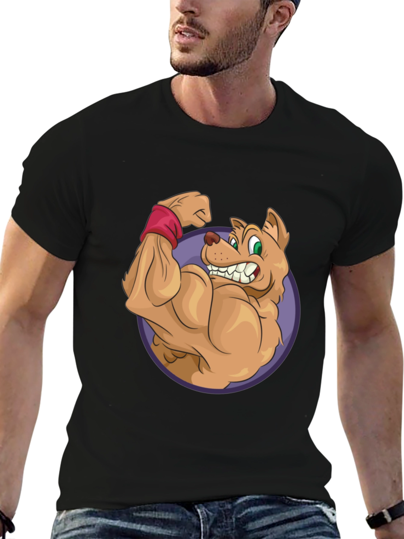 Cartoon Dog Flexing Muscles Graphic T-Shirt