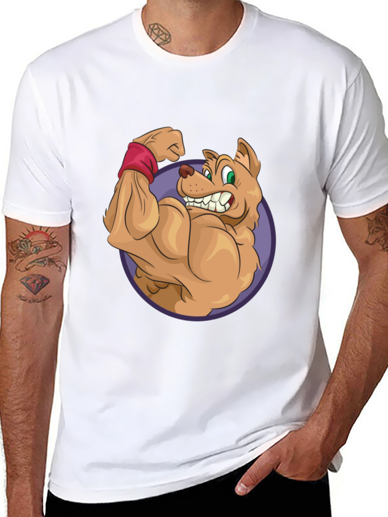 Cartoon Dog Flexing Muscles Graphic T-Shirt