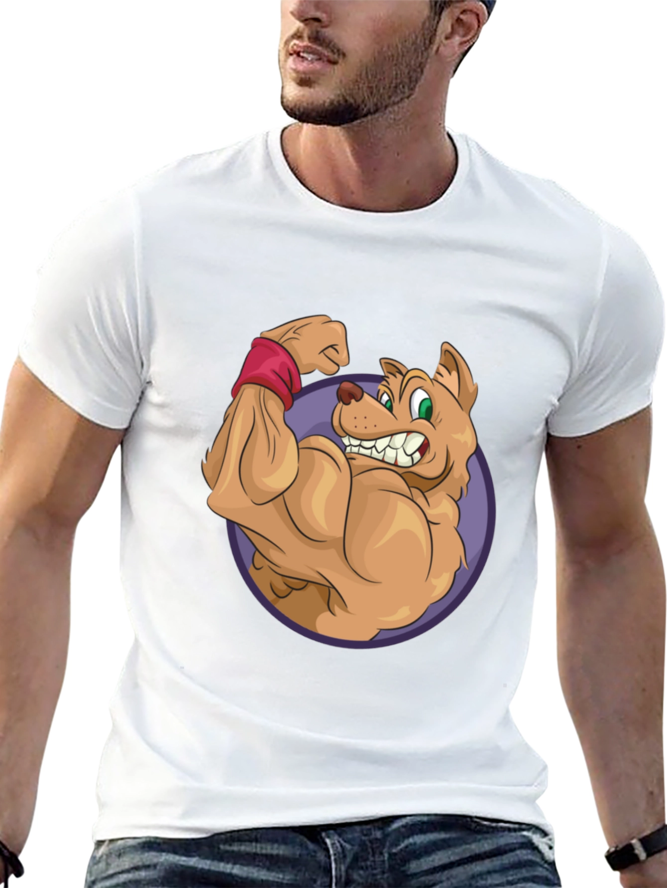 Cartoon Dog Flexing Muscles Graphic T-Shirt