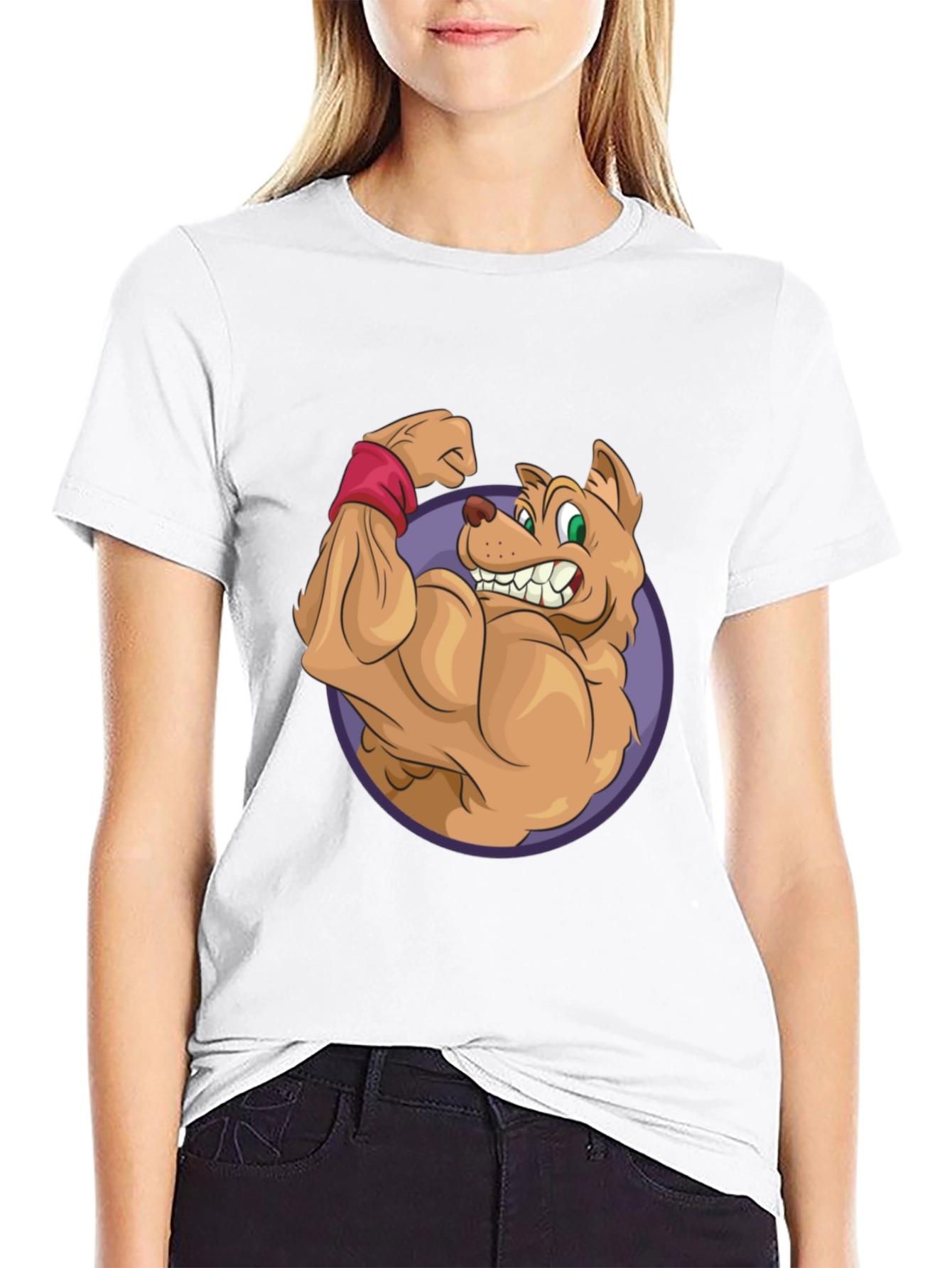 Cartoon Dog Flexing Muscles Graphic T-Shirt