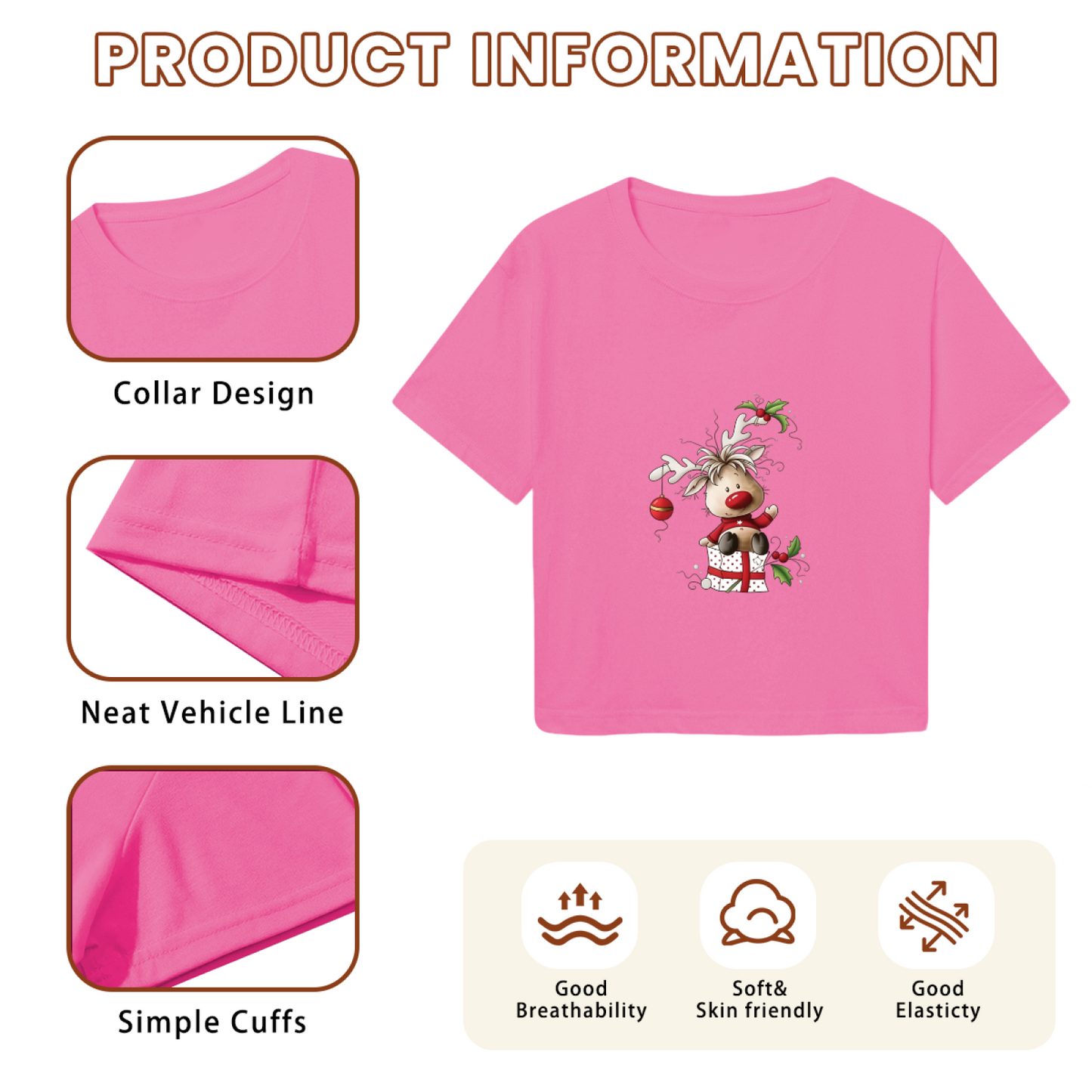 Cute Fluffy Reindeer In Gift Box Pink Christmas Women Cropped T?Shirt