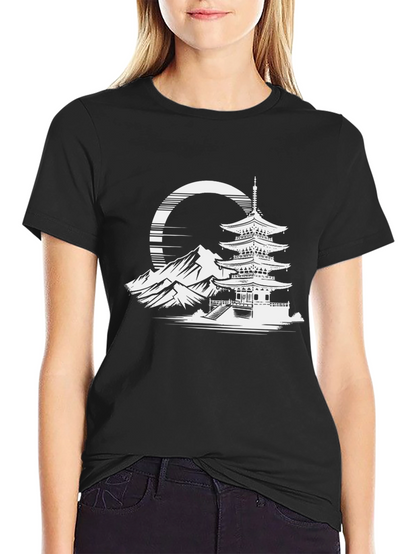 Japanese Pagoda Graphic Tee - Stylish Black T-Shirt