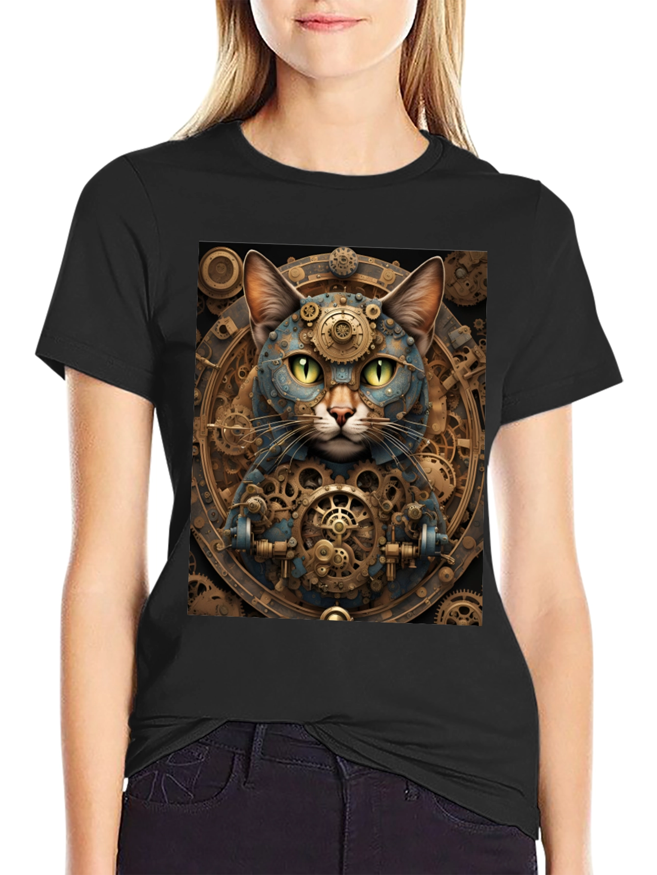 Steampunk Cat Graphic Tee - Cogwork Kitten Design