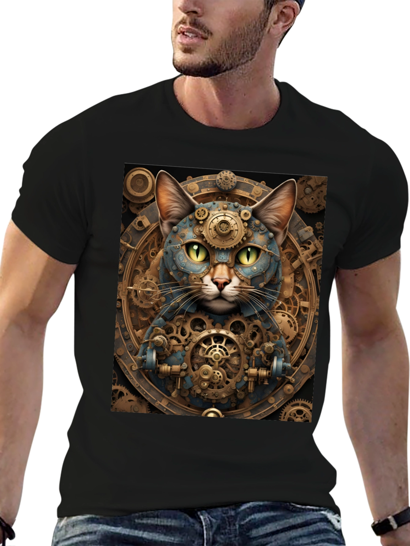 Steampunk Cat Graphic Tee - Cogwork Kitten Design