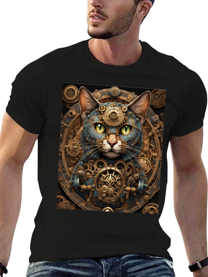Steampunk Cat Graphic Tee - Cogwork Kitten Design
