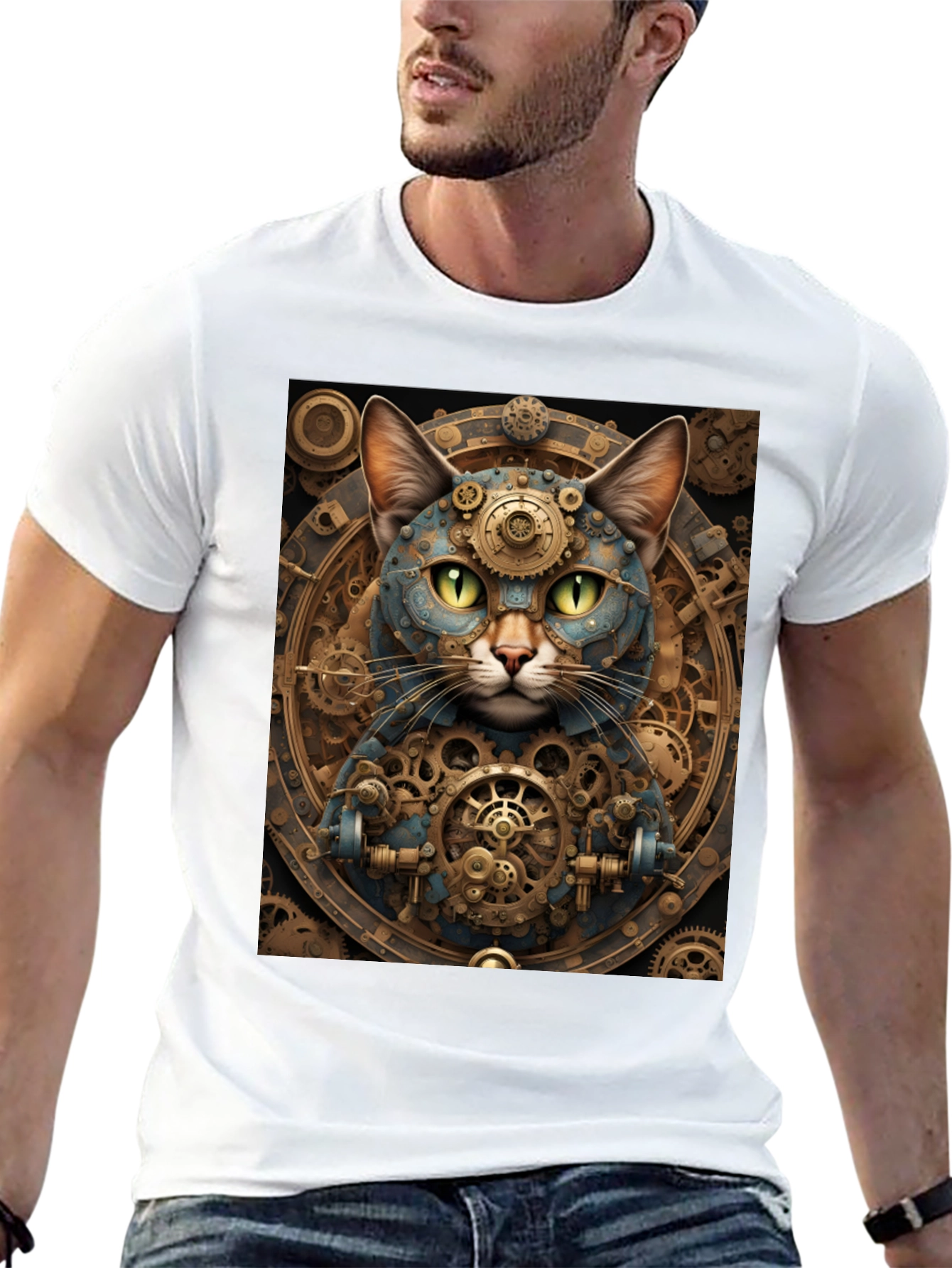 Steampunk Cat Graphic Tee - Cogwork Kitten Design