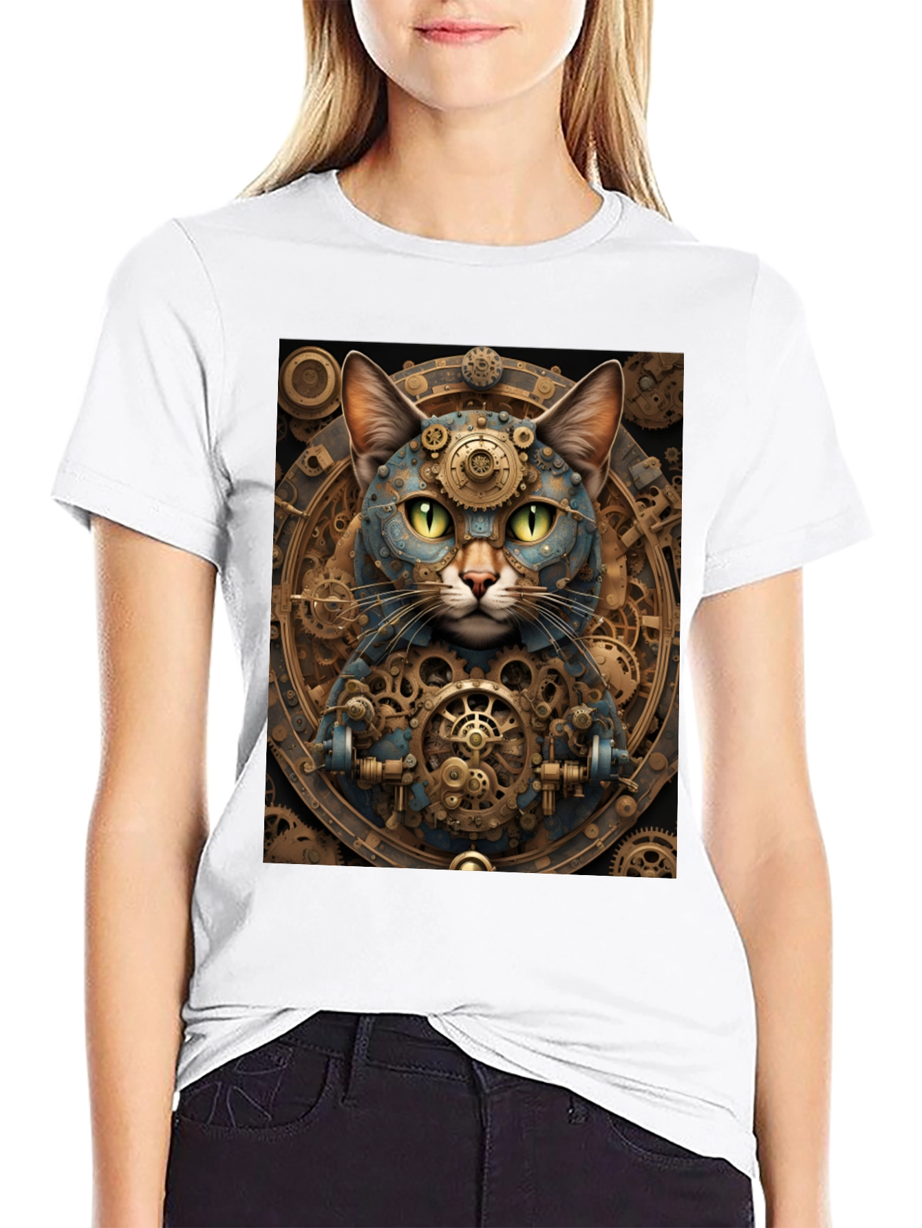 Steampunk Cat Graphic Tee - Cogwork Kitten Design