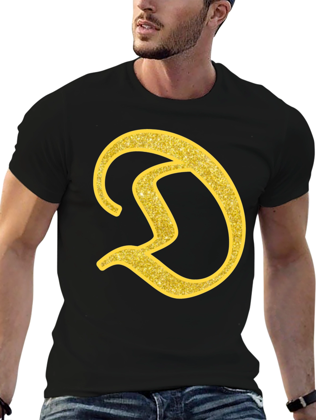 Gold Letter D on Black T-Shirt