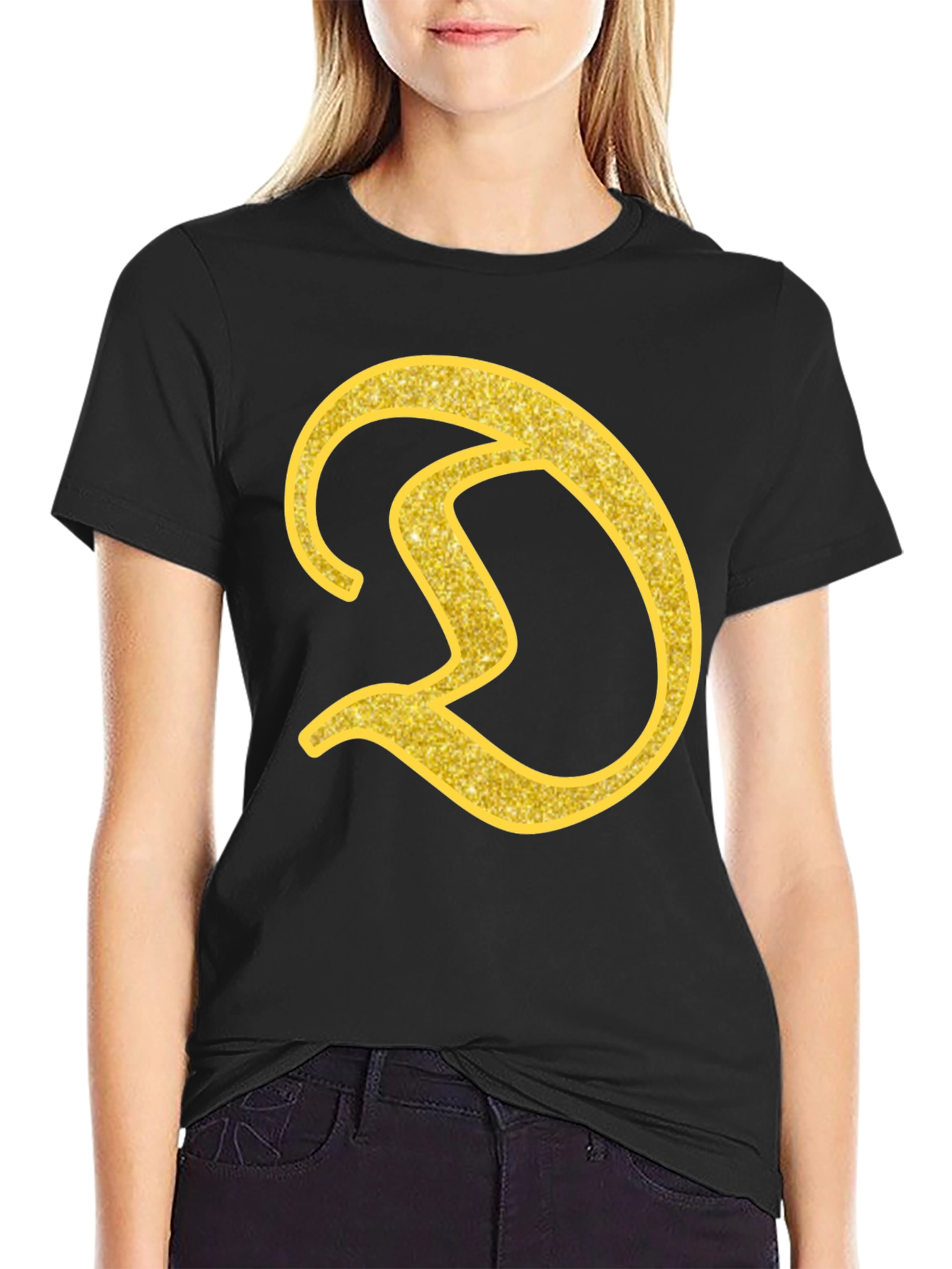 Gold Letter D on Black T-Shirt
