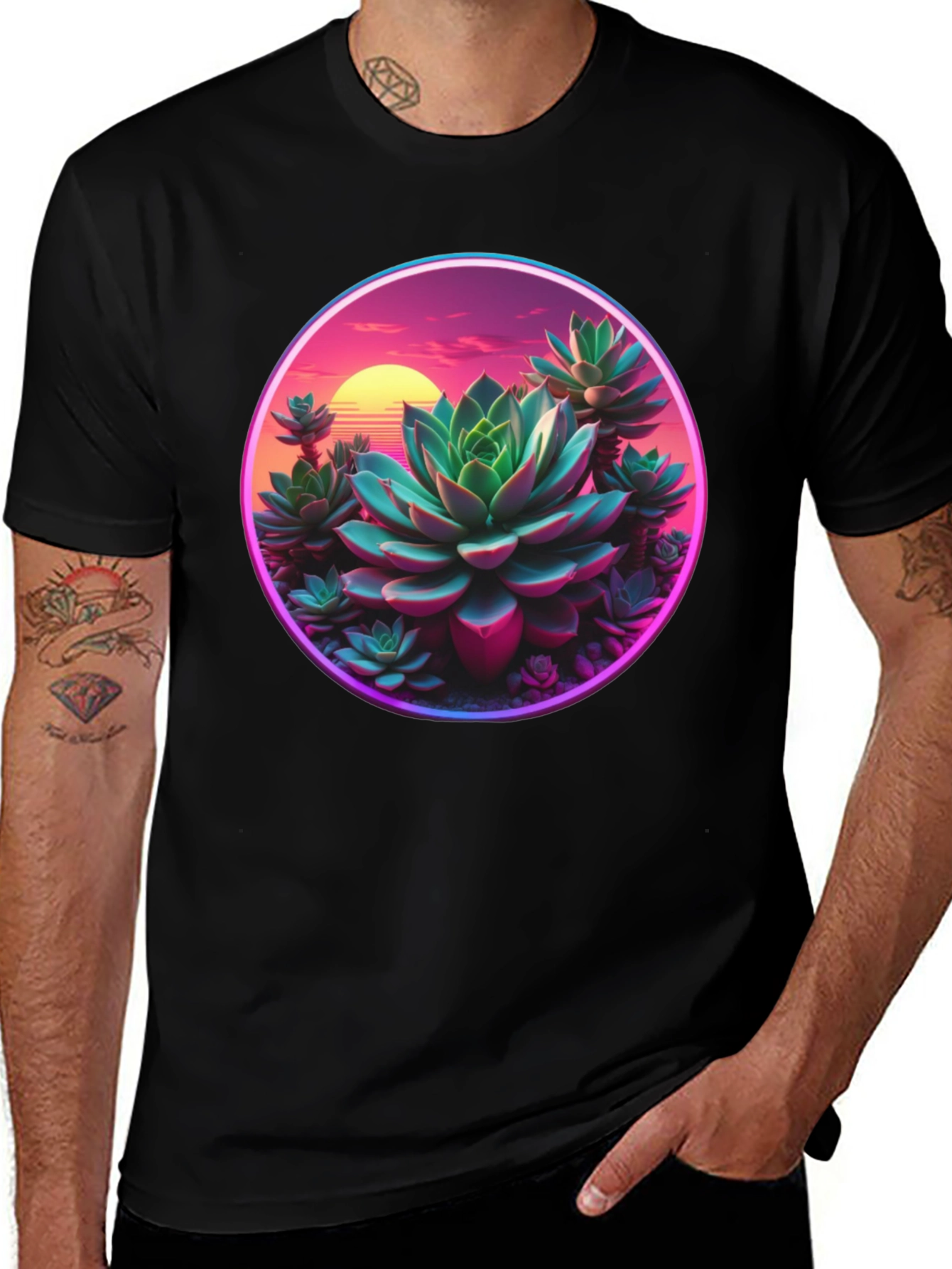 Succulent Sunset Graphic Tee - Trendy Black T-Shirt