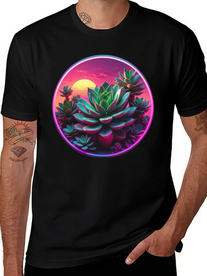 Succulent Sunset Graphic Tee - Trendy Black T-Shirt