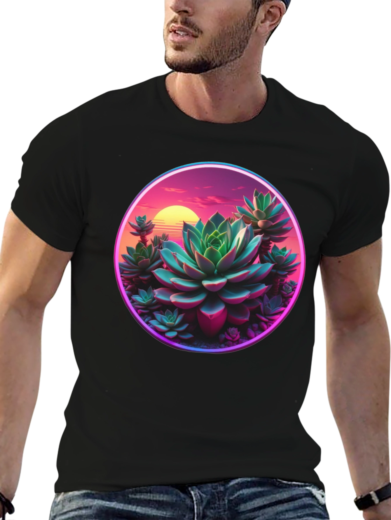 Succulent Sunset Graphic Tee - Trendy Black T-Shirt