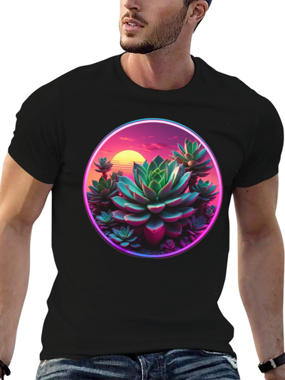 Succulent Sunset Graphic Tee - Trendy Black T-Shirt