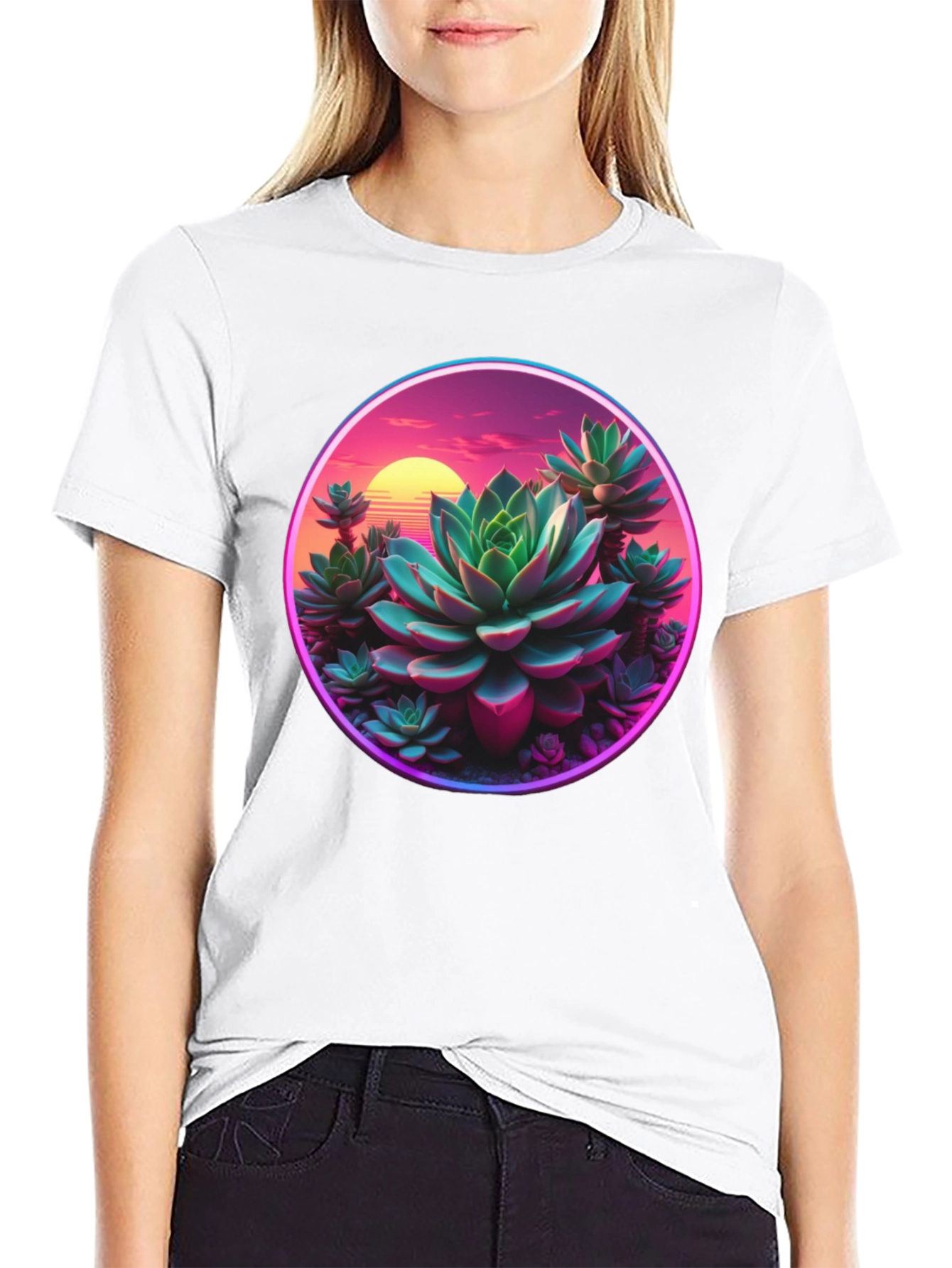 Succulent Sunset Graphic Tee - Trendy Black T-Shirt