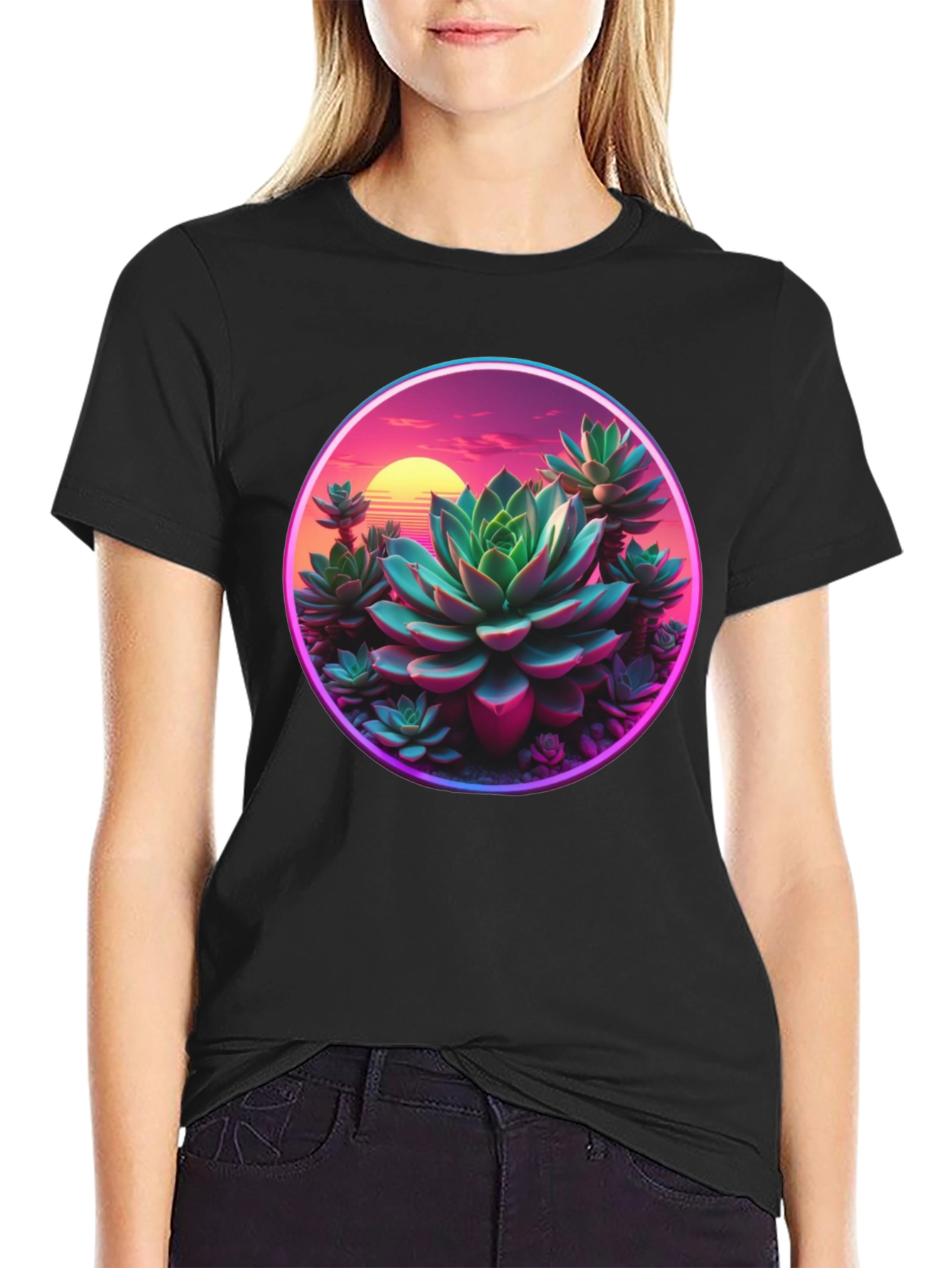 Succulent Sunset Graphic Tee - Trendy Black T-Shirt
