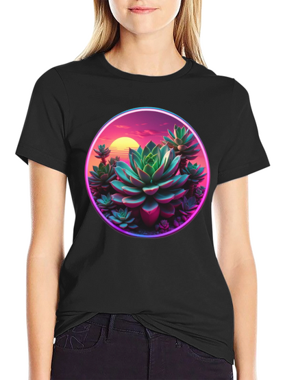 Succulent Sunset Graphic Tee - Trendy Black T-Shirt
