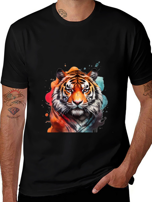 Watercolor Tiger Graphic Tee - Stylish Mens Black T-Shirt