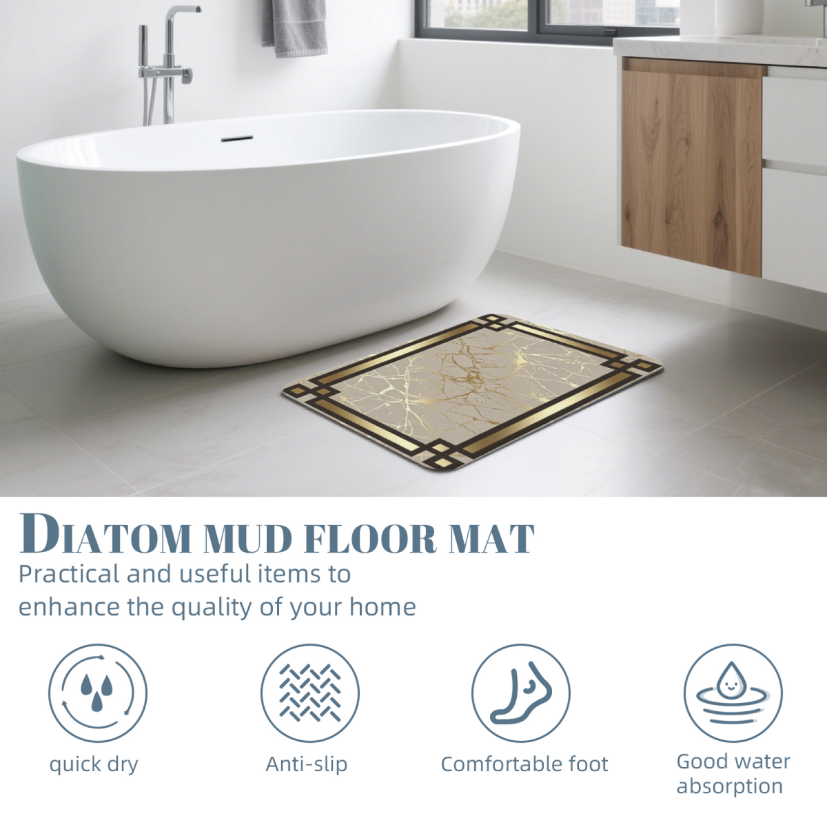 Luxury Framed Gold Marble Diatomite Quick Dry Bath Mat