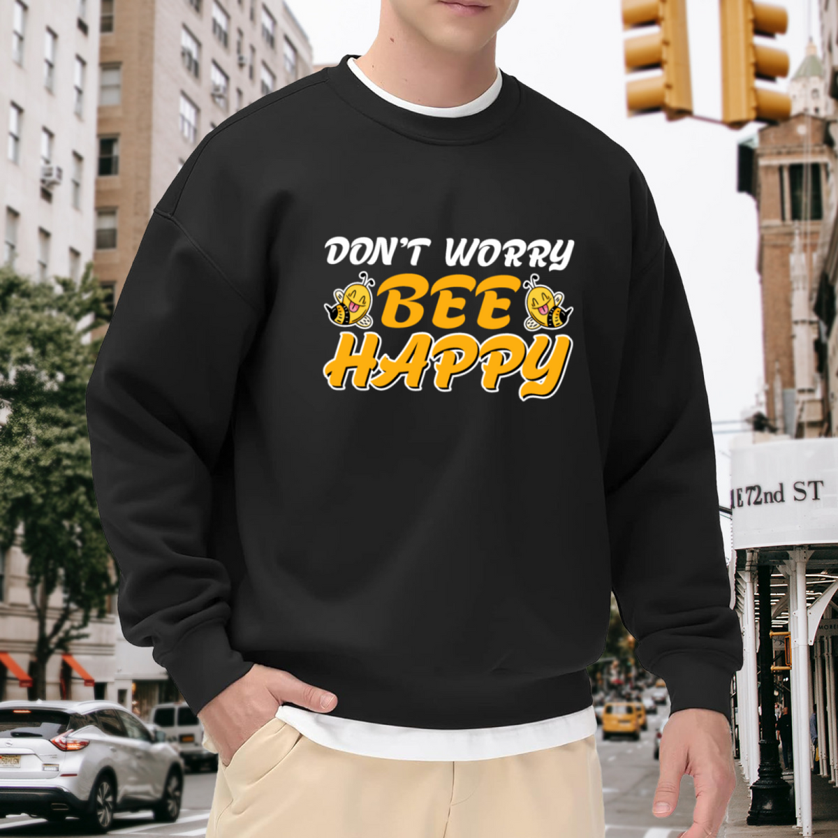 Don't Worry Bee Happy Sweatshirt - Cute Bee Pun Crewneck, Cartoon Bumblebee Pullover, Positive Vibes Gift Sweatshirt, Sweet Insect Top