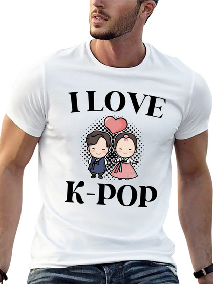 I Love K-Pop Cartoon Couple Black T-Shirt