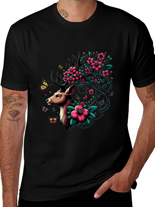Floral Deer Graphic Tee - Stylish Nature Art Shirt