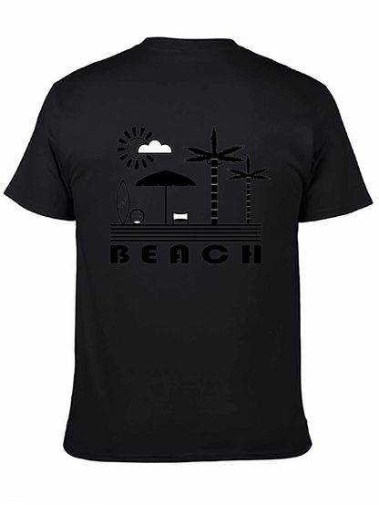 Beach Scene Graphic Tee - Black Cotton T-Shirt